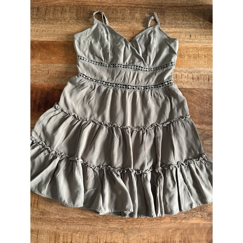 Trixxi Sage Green Tiered Mini Dress Womens S Boho Ruffle Lattice Waist